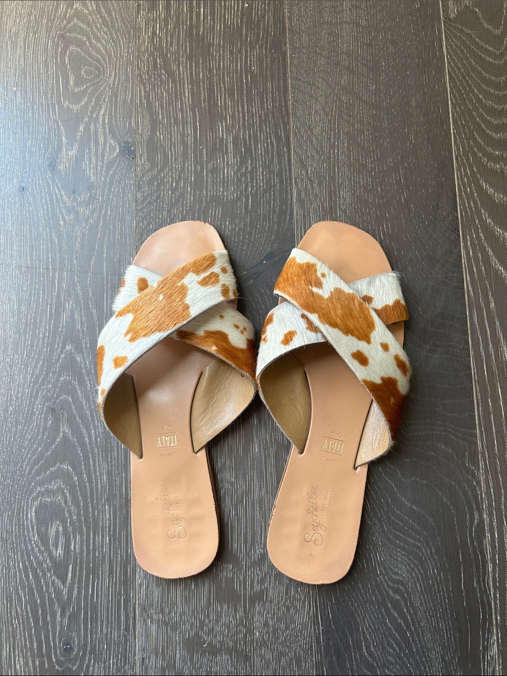 Seychelles Slide Sandals with Brown and White Haircalf Cross Straps